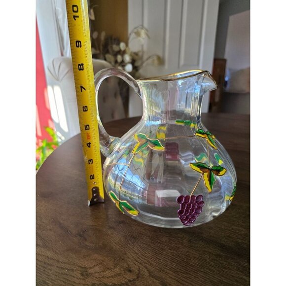 Hand-Painted Glass Pitcher With Grapes & Leaves Design from Romania - Picture 2 of 15